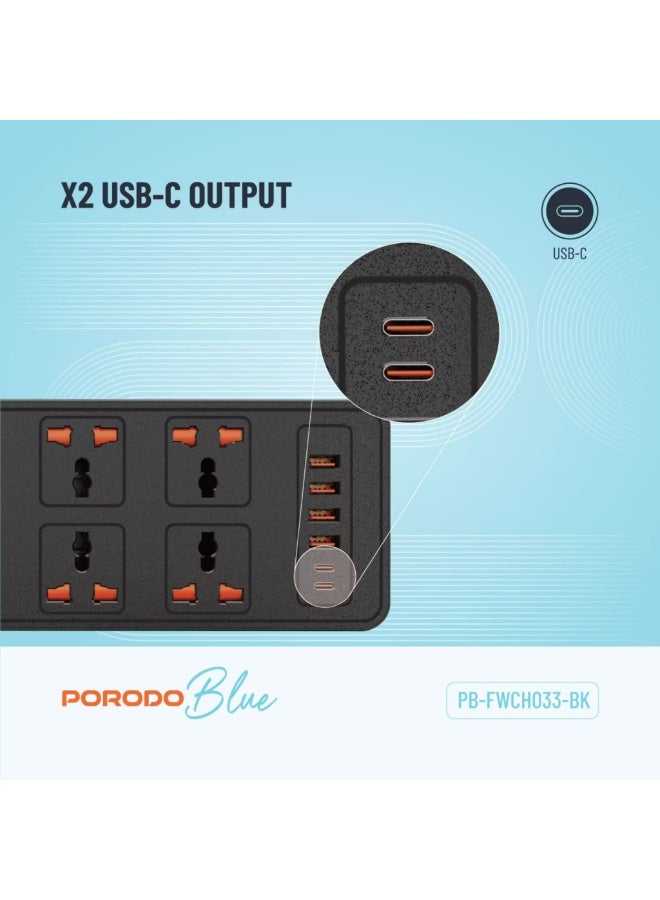 porodo Blue 6 AC Sockets Power Strip with ×4 USB-A & ×2 USB-C Ports, 3000W Rated Power, Premium Material, 3m Cable Length, UK 3-Pin Power Plug, Dual Power Switch Control, Safety Shutter, 13A Maximum Current - Black - Image 5