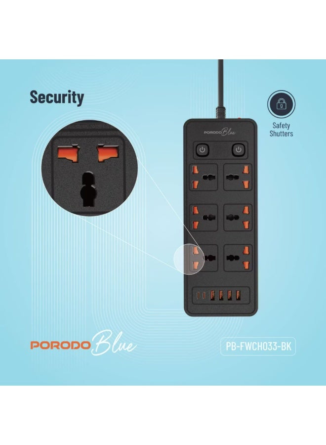 porodo Blue 6 AC Sockets Power Strip with ×4 USB-A & ×2 USB-C Ports, 3000W Rated Power, Premium Material, 3m Cable Length, UK 3-Pin Power Plug, Dual Power Switch Control, Safety Shutter, 13A Maximum Current - Black - Image 4