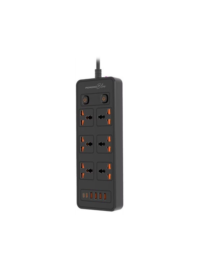 porodo Blue 6 AC Sockets Power Strip with ×4 USB-A & ×2 USB-C Ports, 3000W Rated Power, Premium Material, 3m Cable Length, UK 3-Pin Power Plug, Dual Power Switch Control, Safety Shutter, 13A Maximum Current - Black - Image 1