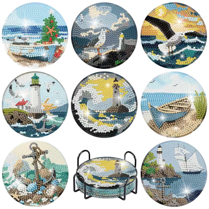 askkqtx 8 Pcs Beach Diamond Art Coasters Kits with Holder, Sea Diamond Painting Coasters Kits for Adults, DIY 5D Diamond Dots Small Mini Kit Full Drill Art Craft Supplies 4X4 Inch - Image 1