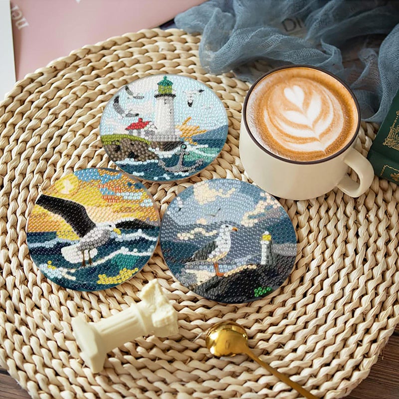 askkqtx 8 Pcs Beach Diamond Art Coasters Kits with Holder, Sea Diamond Painting Coasters Kits for Adults, DIY 5D Diamond Dots Small Mini Kit Full Drill Art Craft Supplies 4X4 Inch - Image 2