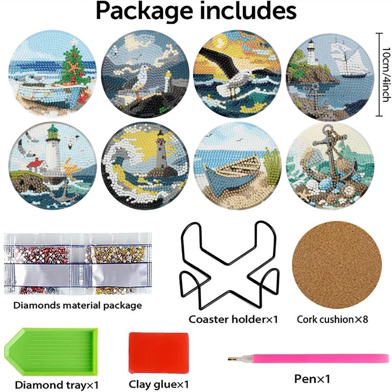 askkqtx 8 Pcs Beach Diamond Art Coasters Kits with Holder, Sea Diamond Painting Coasters Kits for Adults, DIY 5D Diamond Dots Small Mini Kit Full Drill Art Craft Supplies 4X4 Inch - Image 4