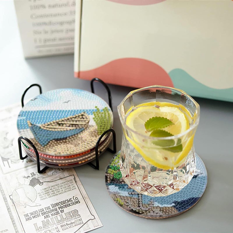 askkqtx 8 Pcs Beach Diamond Art Coasters Kits with Holder, Sea Diamond Painting Coasters Kits for Adults, DIY 5D Diamond Dots Small Mini Kit Full Drill Art Craft Supplies 4X4 Inch - Image 3