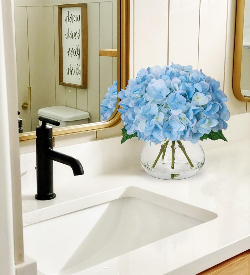 Hollyone Hydrangea Artificial Flowers with Vase Blue Silk Fake Flowers Arrangements in Glass Vase with Faux Water Faux Floral Bulk Bouquet for Home Decor Bathroom Table Centerpiece Shelf Decorations - Image 3