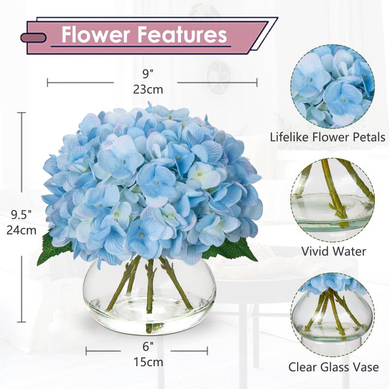 Hollyone Hydrangea Artificial Flowers with Vase Blue Silk Fake Flowers Arrangements in Glass Vase with Faux Water Faux Floral Bulk Bouquet for Home Decor Bathroom Table Centerpiece Shelf Decorations - Image 2