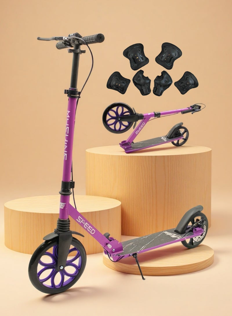 EASY FUTURE Rear Brake & Handle Kick Scooter, Scooters for Kids with Big Wheel and Foldable Height Adjustable Handle, Kids Scooter for 7 to 14 Years Including Protective Gear Set - Image 1