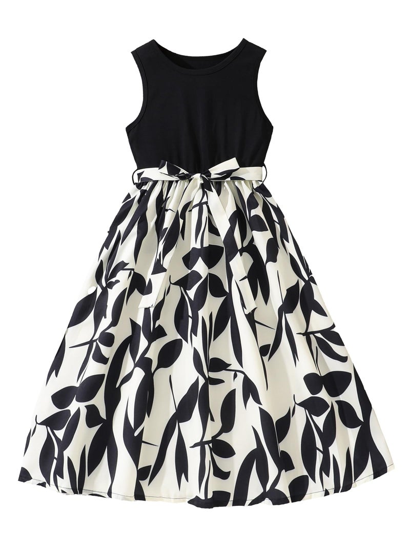 Hilinker Girls Sleeveless Pleated Dress Summer Tie Knot Tank Dresses with Belt Black Leaf B 910 Year