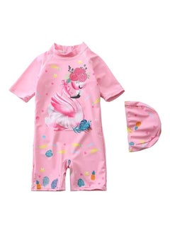 Flamingo Printed Swimming Suit With Cap 6-7Y