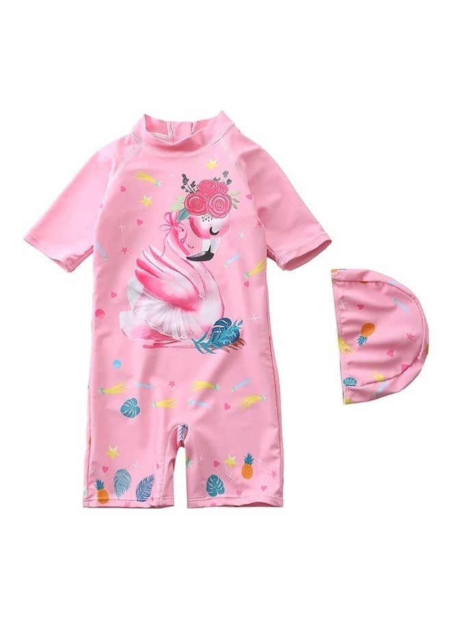 NIBEMINENT - Flamingo Printed Swimming Suit With Cap 6-7Y - Image 1