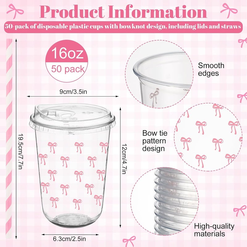 LemonRoad 50 Sets Line Bows Clear Plastic Cups with Lids & Straws 16 oz Pink Party Tumblers for Iced Coffee, Smoothies, Juice & More Cute Disposable Pet Mugs for Birthdays & Gatherings - Image 2