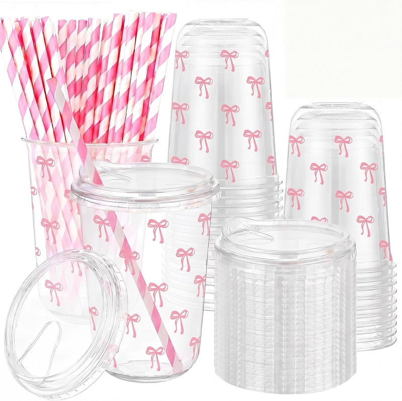 LemonRoad 50 Sets Line Bows Clear Plastic Cups with Lids & Straws 16 oz Pink Party Tumblers for Iced Coffee, Smoothies, Juice & More Cute Disposable Pet Mugs for Birthdays & Gatherings - Image 1