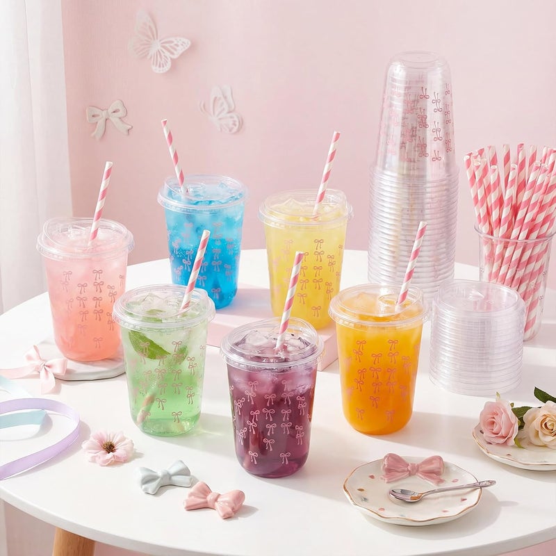 LemonRoad 50 Sets Line Bows Clear Plastic Cups with Lids & Straws 16 oz Pink Party Tumblers for Iced Coffee, Smoothies, Juice & More Cute Disposable Pet Mugs for Birthdays & Gatherings - Image 3