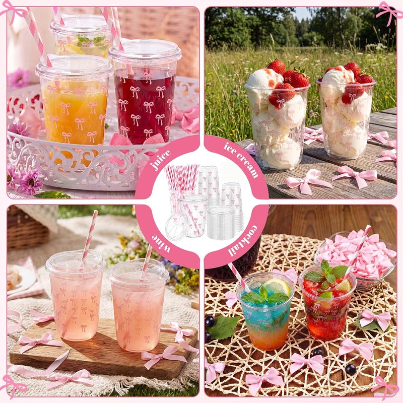 LemonRoad 50 Sets Line Bows Clear Plastic Cups with Lids & Straws 16 oz Pink Party Tumblers for Iced Coffee, Smoothies, Juice & More Cute Disposable Pet Mugs for Birthdays & Gatherings - Image 5