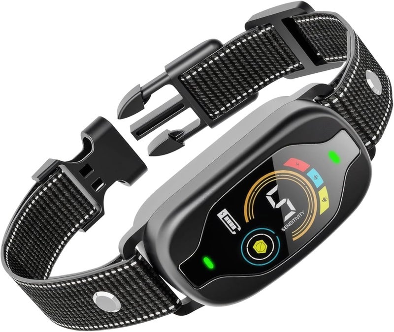 Smart Bark Collar for Dogs, Rechargeable, Color Display, Reflective Nylon Strap, Waterproof, 5 Sensitivity Levels, Black - Image 1
