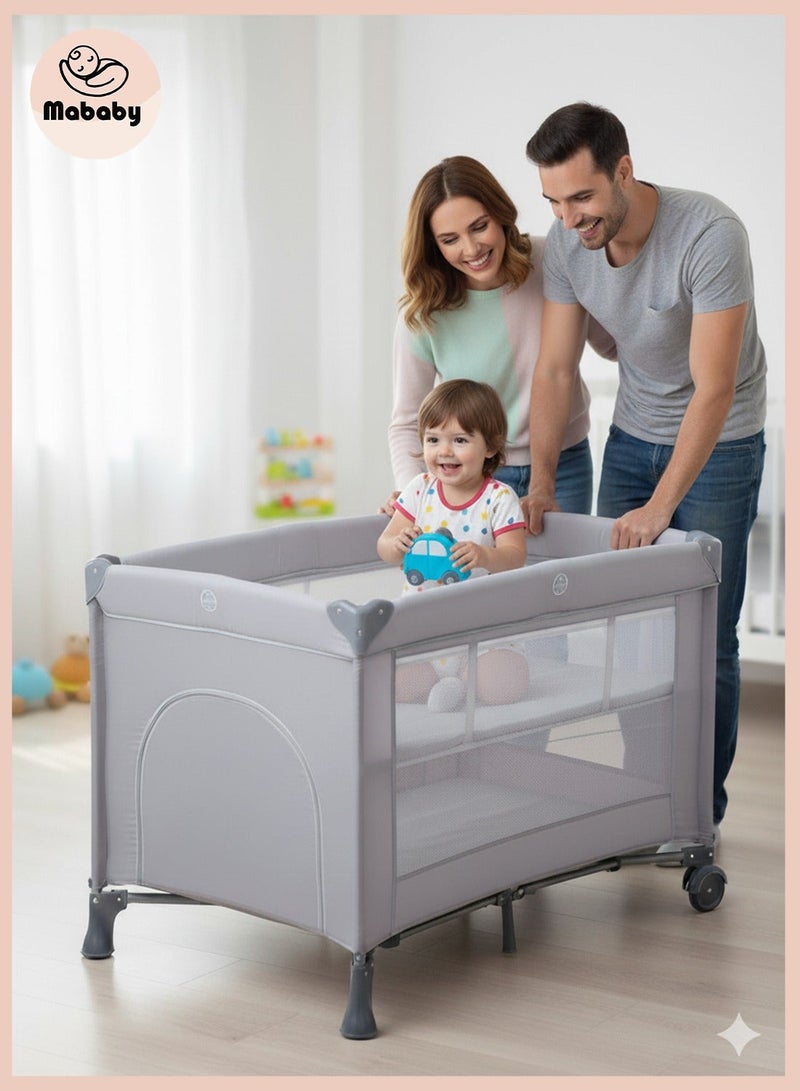Mababy Double layered baby crib Multifunctional Baby Bed, Portable And Foldable Play Cots (with Wheels) - Image 1