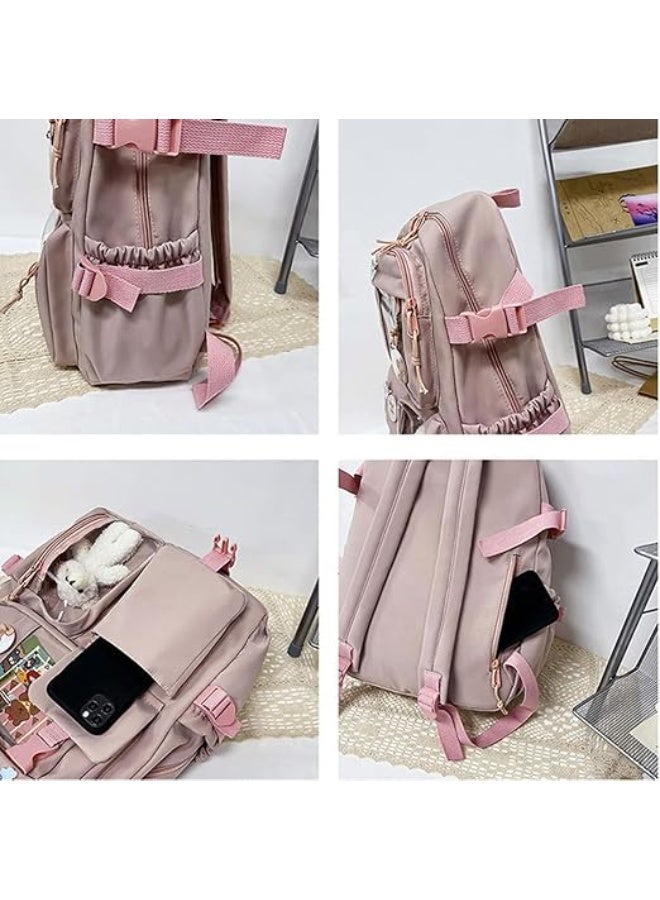 Kids School Backpack with Multiple Pockets and Accessories | Clear Window Pockets, Plush Bear Included, 30 x 40 x 11 cm, Decorative Pins, Girls School Bag - Image 3