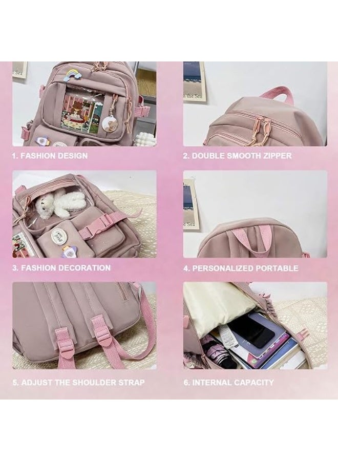 Kids School Backpack with Multiple Pockets and Accessories | Clear Window Pockets, Plush Bear Included, 30 x 40 x 11 cm, Decorative Pins, Girls School Bag - Image 4