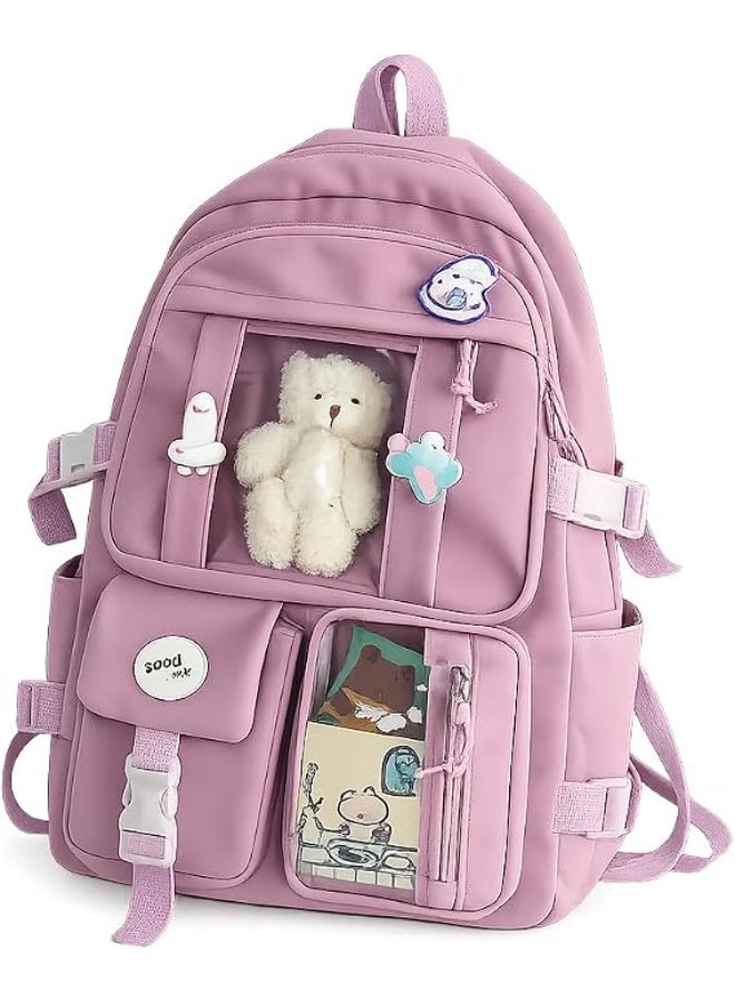 Kids School Backpack with Multiple Pockets and Accessories | Clear Window Pockets, Plush Bear Included, 30 x 40 x 11 cm, Decorative Pins, Girls School Bag - Image 1