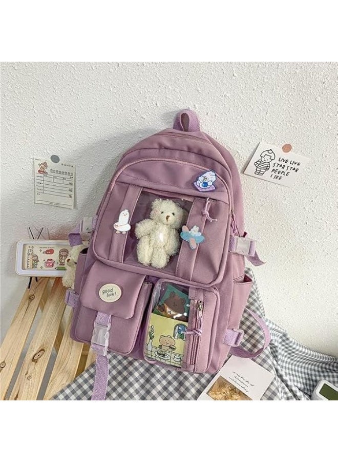 Kids School Backpack with Multiple Pockets and Accessories | Clear Window Pockets, Plush Bear Included, 30 x 40 x 11 cm, Decorative Pins, Girls School Bag - Image 2