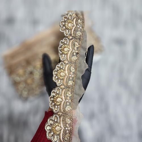 Mohan Shoppe Katdana and Beads Work Designer Machine Work Lace for Suits Kurties Bags Dresses Dupatta etc. Pack of 1 roll (9 Meters) Approx. (Antique Golden, 2.7 inches Approx.) - Image 1