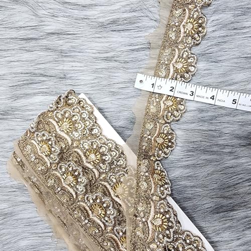 Mohan Shoppe Katdana and Beads Work Designer Machine Work Lace for Suits Kurties Bags Dresses Dupatta etc. Pack of 1 roll (9 Meters) Approx. (Antique Golden, 2.7 inches Approx.) - Image 2
