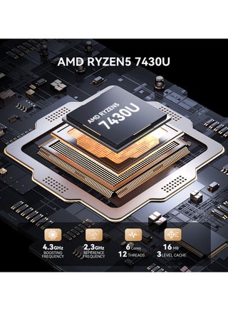 كمبيوتر شخصي صغير مزود بذاكرة AMD Ryzen5 7430U (حتى 4.3 جيجاهرتز)، وذاكرة وصول عشوائي سعة 16 جيجابايت وذاكرة RAM 512 جيجابايت وذاكرة ROM 4K UHD / WiFi6/BT5.2/DP1.4/HDMI2.0/Type-C/Windows 11 Pro أسود - view 2