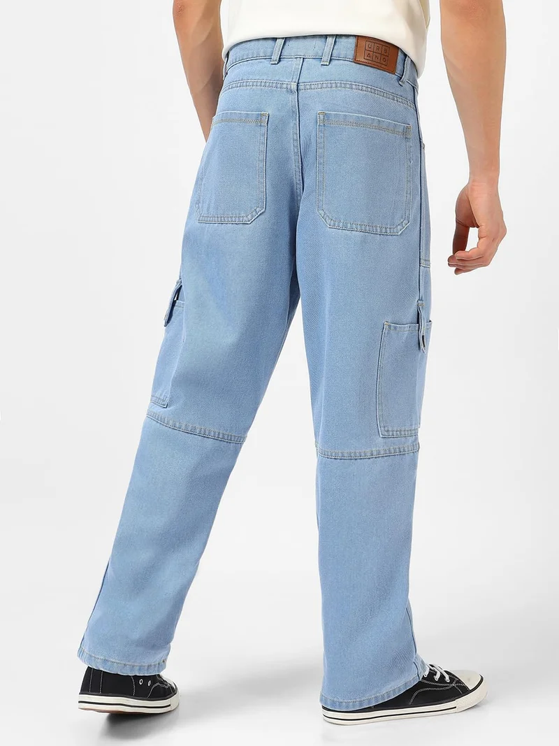Urbano Fashion  Urbano Fashion Men's Ice Blue Loose Baggy Fit Washed Cargo Jeans with 6 Pockets Non-Stretchable  | Best Price UAE
