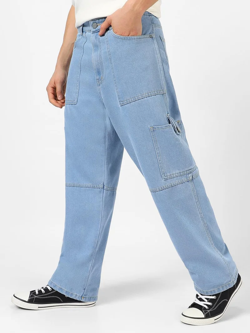 Urbano Fashion  Urbano Fashion Men's Ice Blue Loose Baggy Fit Washed Cargo Jeans with 6 Pockets Non-Stretchable  | Best Price UAE