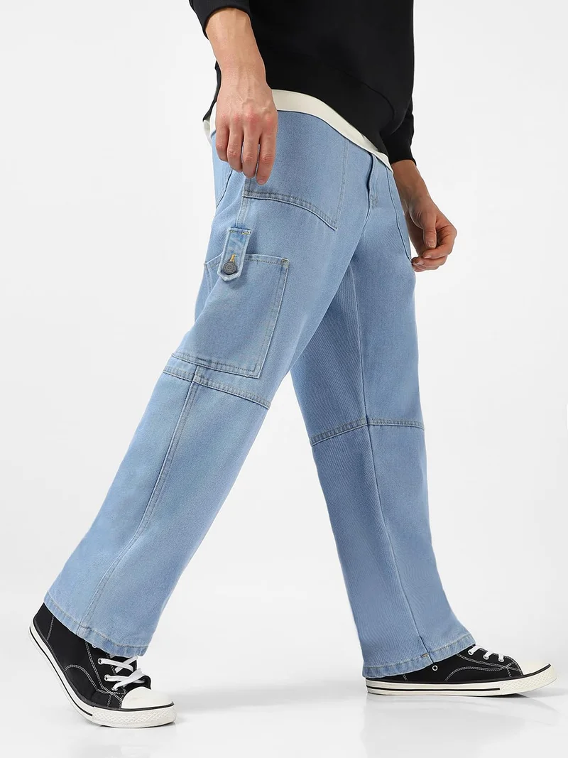 Urbano Fashion Men's Ice Blue Loose Baggy Fit Washed Cargo Jeans with 6 Pockets Non-Stretchable