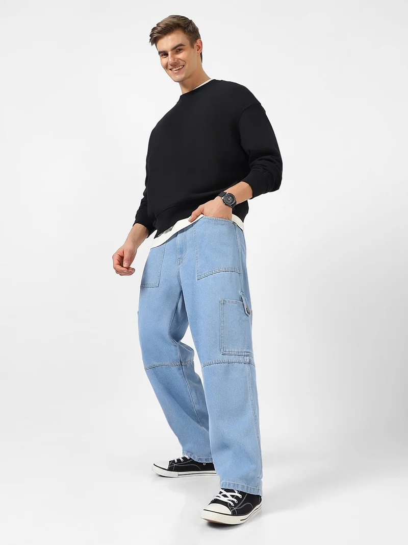 Urbano Fashion  Urbano Fashion Men's Ice Blue Loose Baggy Fit Washed Cargo Jeans with 6 Pockets Non-Stretchable  | Best Price UAE