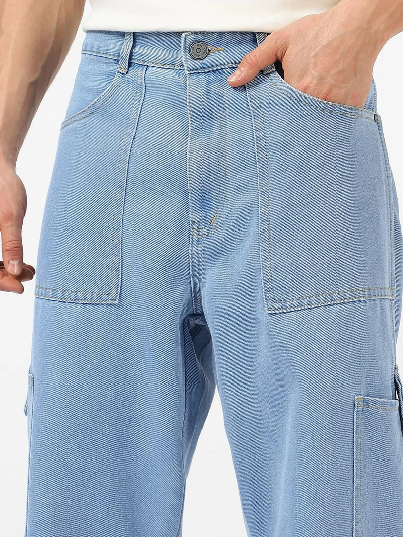 Urbano Fashion  Urbano Fashion Men's Ice Blue Loose Baggy Fit Washed Cargo Jeans with 6 Pockets Non-Stretchable  | Best Price UAE