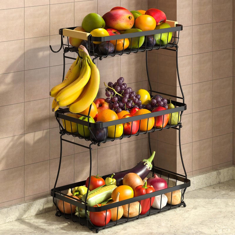 Sevenblue 3 Tier Fruit Basket for Kitchen Counter with 2 Mobile Banana Hangers 2026 Pro Detachable Metal Fruit Bowl with Wooden Handle Fruit Holder for Bread Snack Veggies with Protective Mats - Image 2