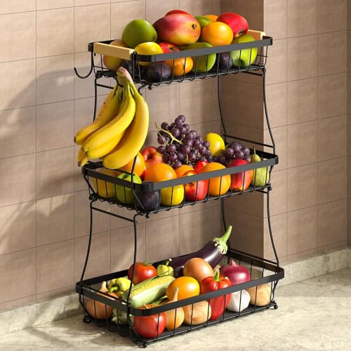 Sevenblue 3 Tier Fruit Basket for Kitchen Counter with 2 Mobile Banana Hangers 2026 Pro Detachable Metal Fruit Bowl with Wooden Handle Fruit Holder for Bread Snack Veggies with Protective Mats - Image 1