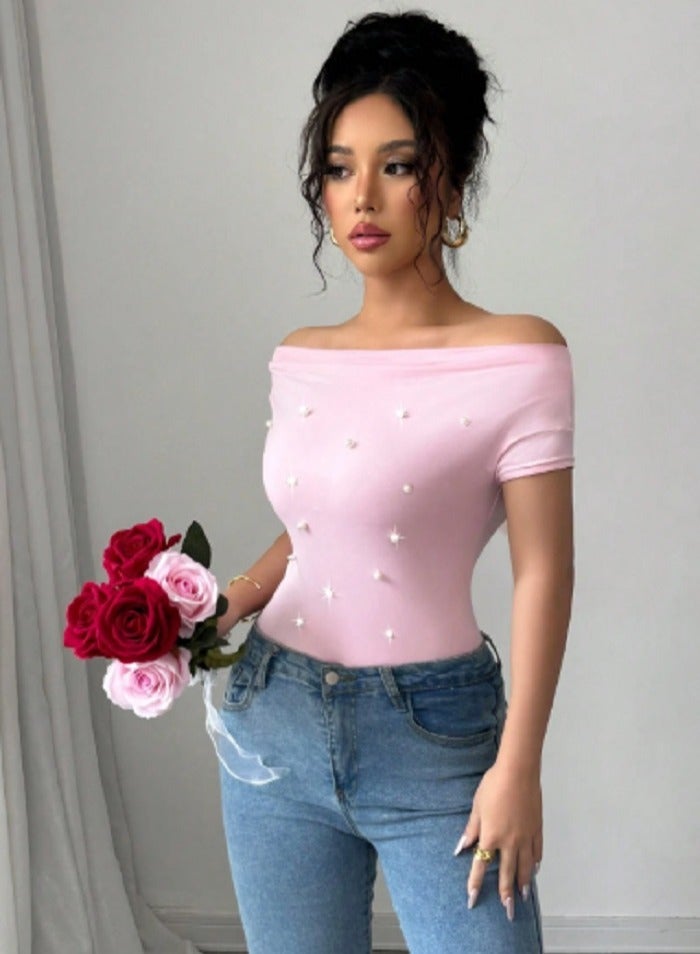 Shein SHEIN  Women's Off Shoulder Short Sleeve Pleated Front Pearl Embellished Slim Fit T-Shirt, Pink Top  - Image 2