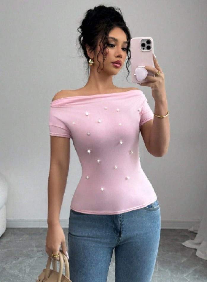 Shein SHEIN  Women's Off Shoulder Short Sleeve Pleated Front Pearl Embellished Slim Fit T-Shirt, Pink Top  - Image 5