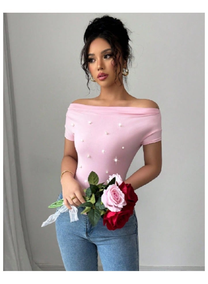 Shein SHEIN  Women's Off Shoulder Short Sleeve Pleated Front Pearl Embellished Slim Fit T-Shirt, Pink Top  - Image 1