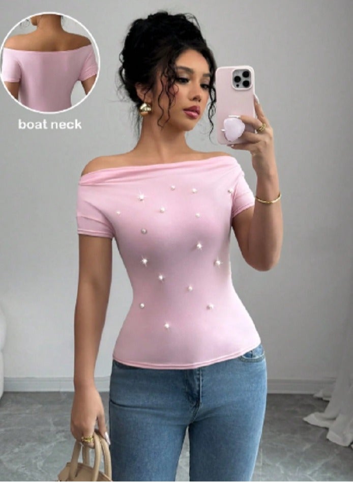 Shein SHEIN  Women's Off Shoulder Short Sleeve Pleated Front Pearl Embellished Slim Fit T-Shirt, Pink Top  - Image 4