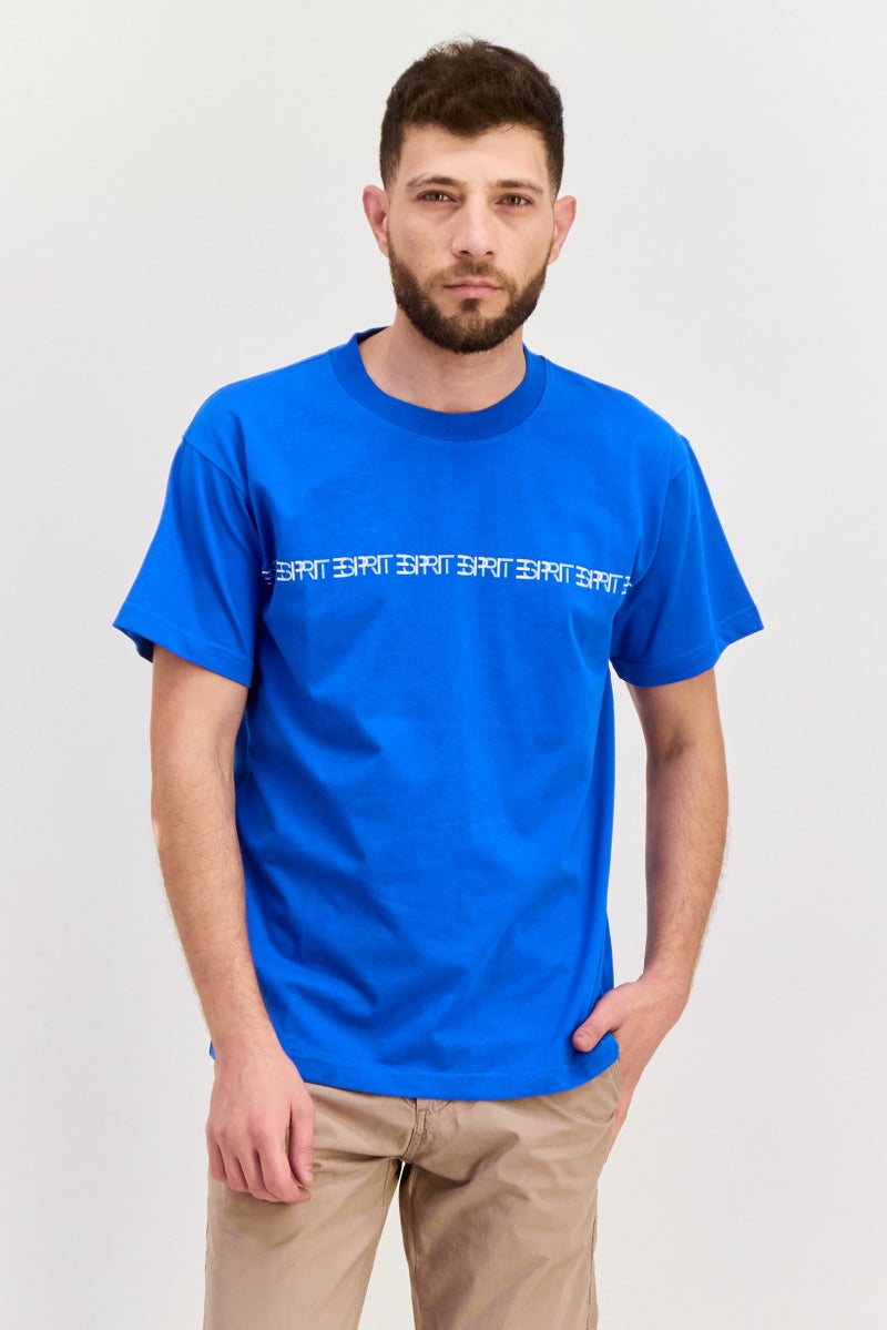 ESPRIT Men Crew Neck Short Sleeves Brand Logo T-Shirt, Blue - Image 1