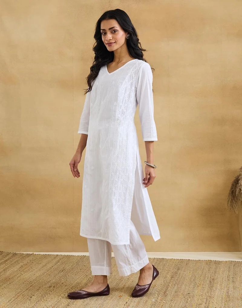 Fabindia  White Cotton Chikankari Long Kurta for Women | Best Price UAE