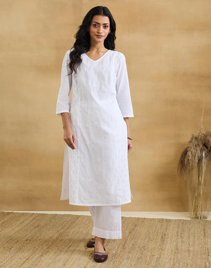 Fabindia White Cotton Chikankari Long Kurta