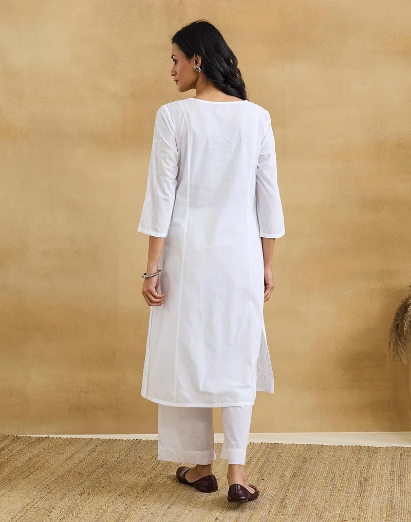 Fabindia  White Cotton Chikankari Long Kurta for Women | Best Price UAE