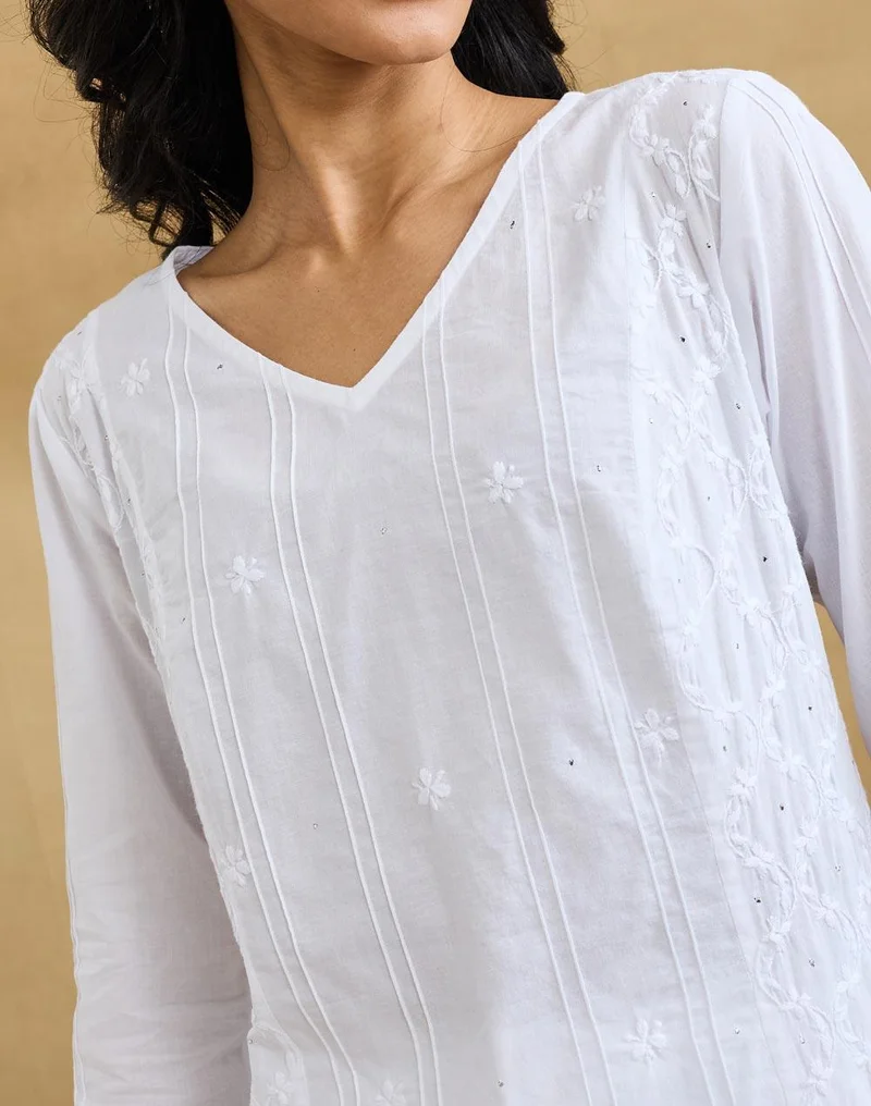 Fabindia  White Cotton Chikankari Long Kurta for Women | Best Price UAE