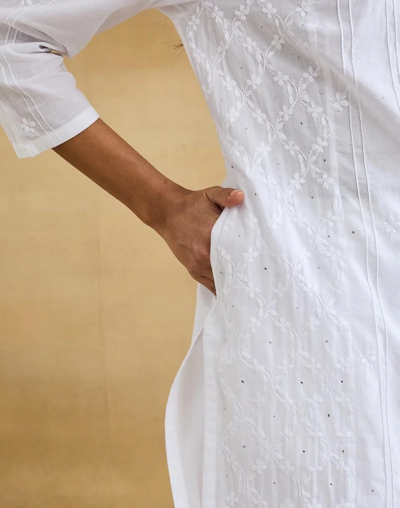 Fabindia  White Cotton Chikankari Long Kurta for Women | Best Price UAE