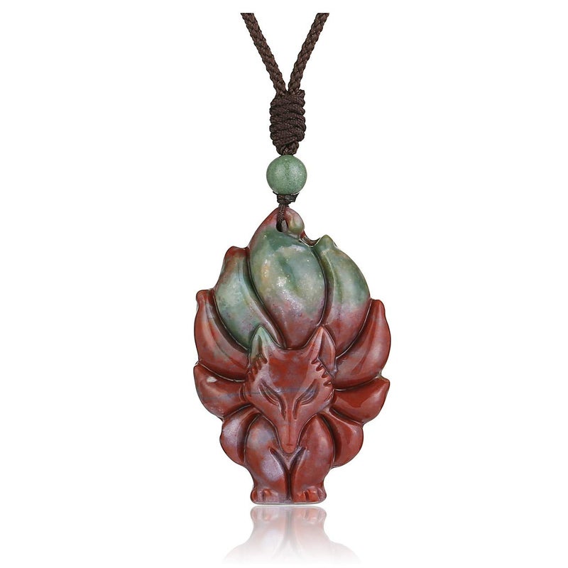 Jovivi Natural Indian Agate Nine-Tailed Fox Crystal Necklace Healing Stones Gemstone Necklaces Pendant Protection Amulet Charm - Image 1