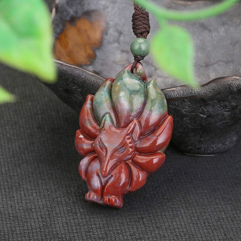 Jovivi Natural Indian Agate Nine-Tailed Fox Crystal Necklace Healing Stones Gemstone Necklaces Pendant Protection Amulet Charm - Image 3