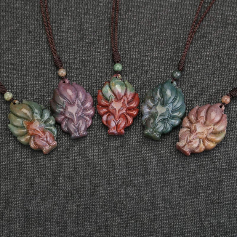Jovivi Natural Indian Agate Nine-Tailed Fox Crystal Necklace Healing Stones Gemstone Necklaces Pendant Protection Amulet Charm - Image 2