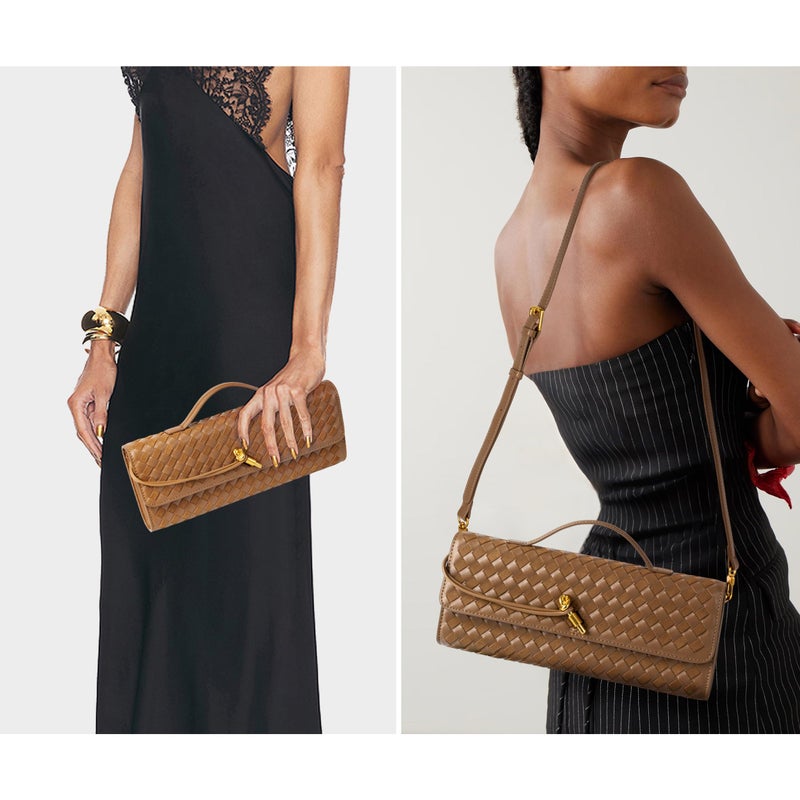 Joryin Woven Purse For Women Evening Clutch Woven Leather Handbags Crossbody Bag Suede Purse Formal Evening bag, Acorn - Image 2