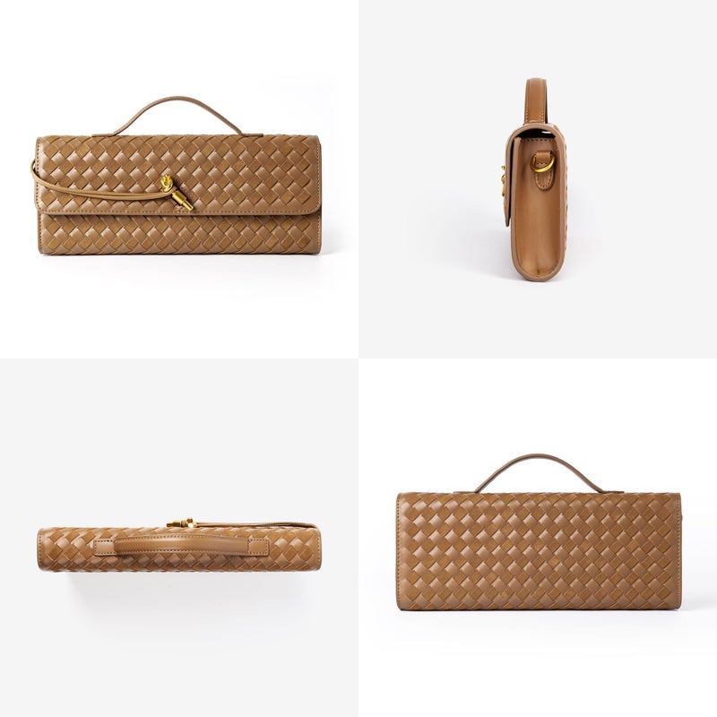 Joryin Woven Purse For Women Evening Clutch Woven Leather Handbags Crossbody Bag Suede Purse Formal Evening bag, Acorn - Image 3