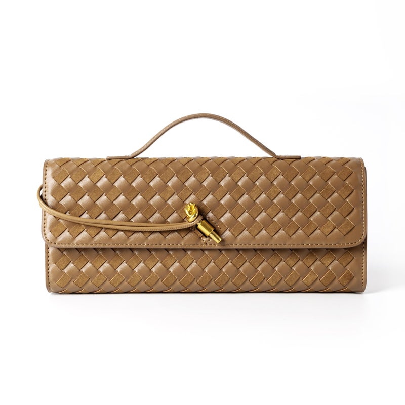 Joryin Woven Purse For Women Evening Clutch Woven Leather Handbags Crossbody Bag Suede Purse Formal Evening bag, Acorn - Image 1