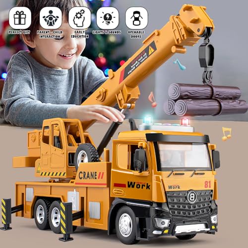 TAKGUD Crane Toy for Boys, 13.5" Large Crane Truck with Lights and Sounds, Open-able Doors, Friction Powered Construction Truck Toys Gift for Kids - Image 2